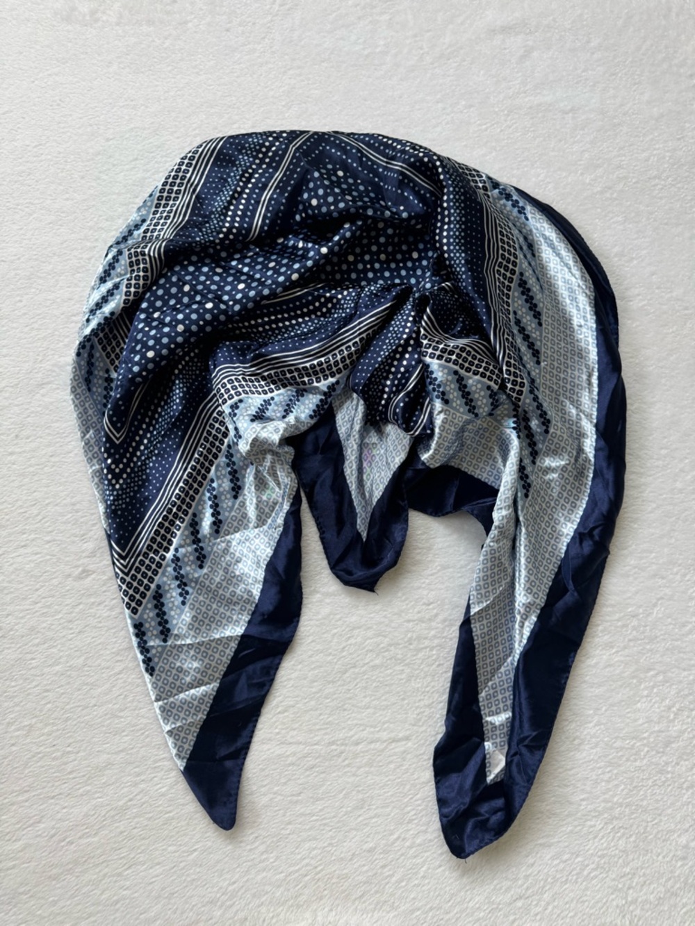 Navy and Light Blue Patterned Silk-Like Scarf